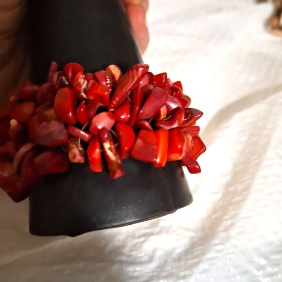 A Red Coral Women's Bracelet Bangle Cuff Beachy Boho Coastal Tropical Chunky - Picture 4 of 8